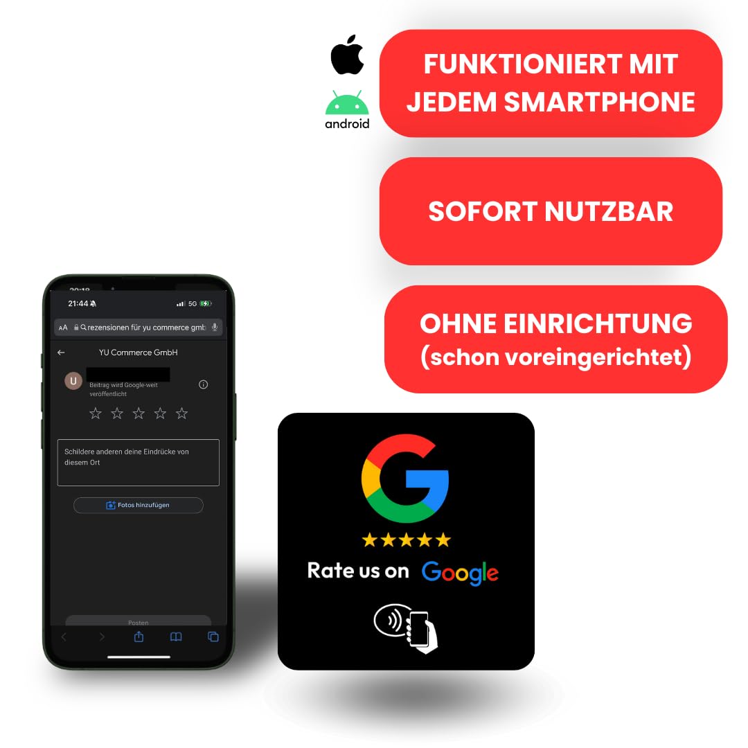 Aspira Home Google Bewertungskarte mit NFC-Chip, Rezensionskarte für Google Bewertungen, FERTIG VOREINGERICHTET für Ihr Google Bewertungsprofil, schwarz, 7,5 x 7,5 cm