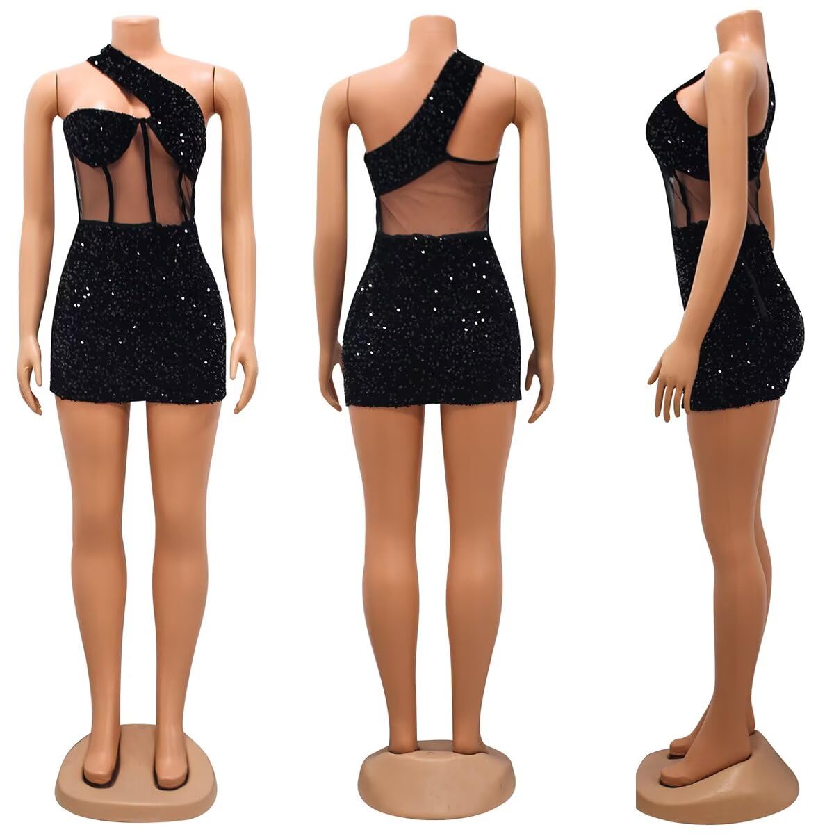 Vestido sexy de malla con lentejuelas y un hombro descubierto, para fiesta, club, noche, mini vestido ajustado