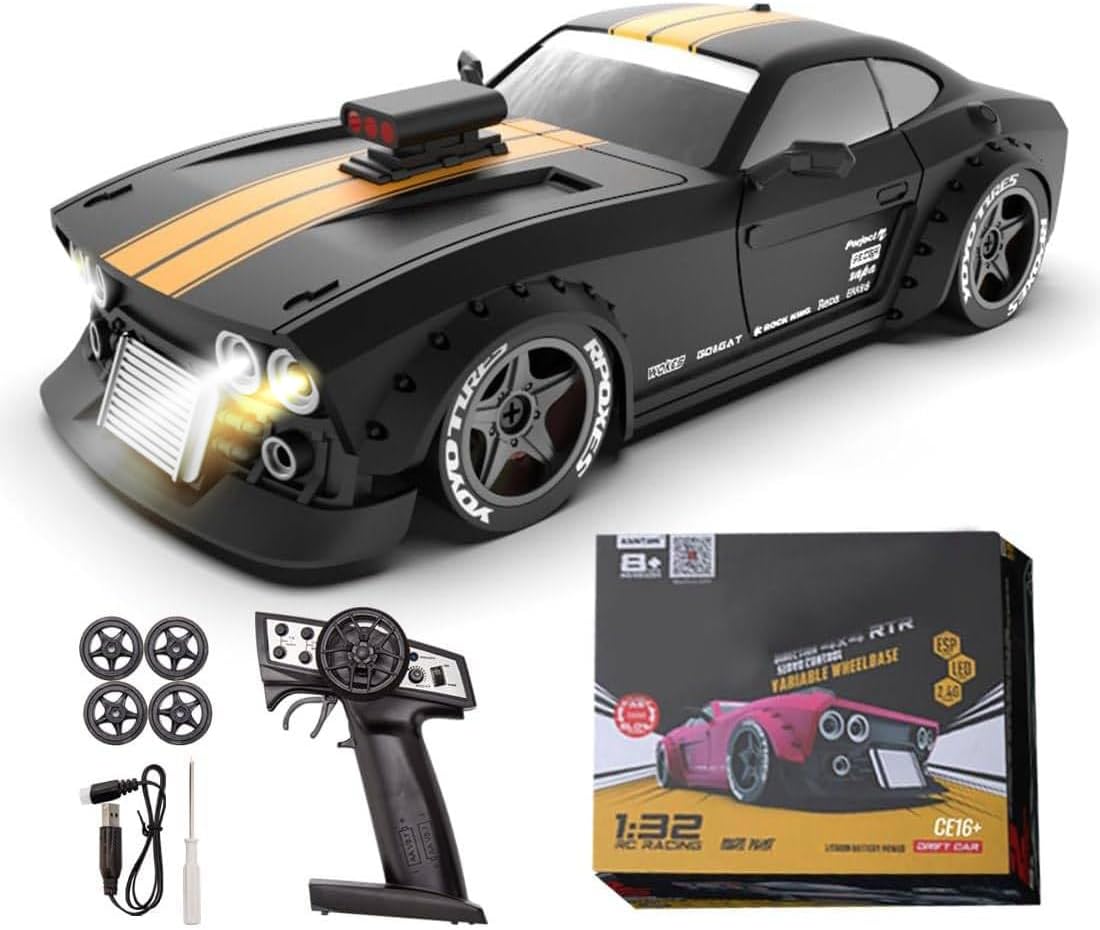 KM3299 Remote Control Car RC Drift Car, 4WD RC Cars Vehicle with ESP Gyro, LED Headlights Drift Wheel, 1:32 High Speed Racing RC Vehicle Gifts for Adults Christmas - Black