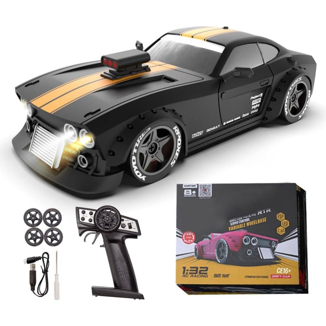 Aetheria KM3299 Remote Control Car RC Drift Car, 4WD RC Cars Vehicle with ESP Gyro, LED Headlights Drift Wheel, 1:32 High Speed Racing RC Vehicle Gifts for Adults Christmas - Black