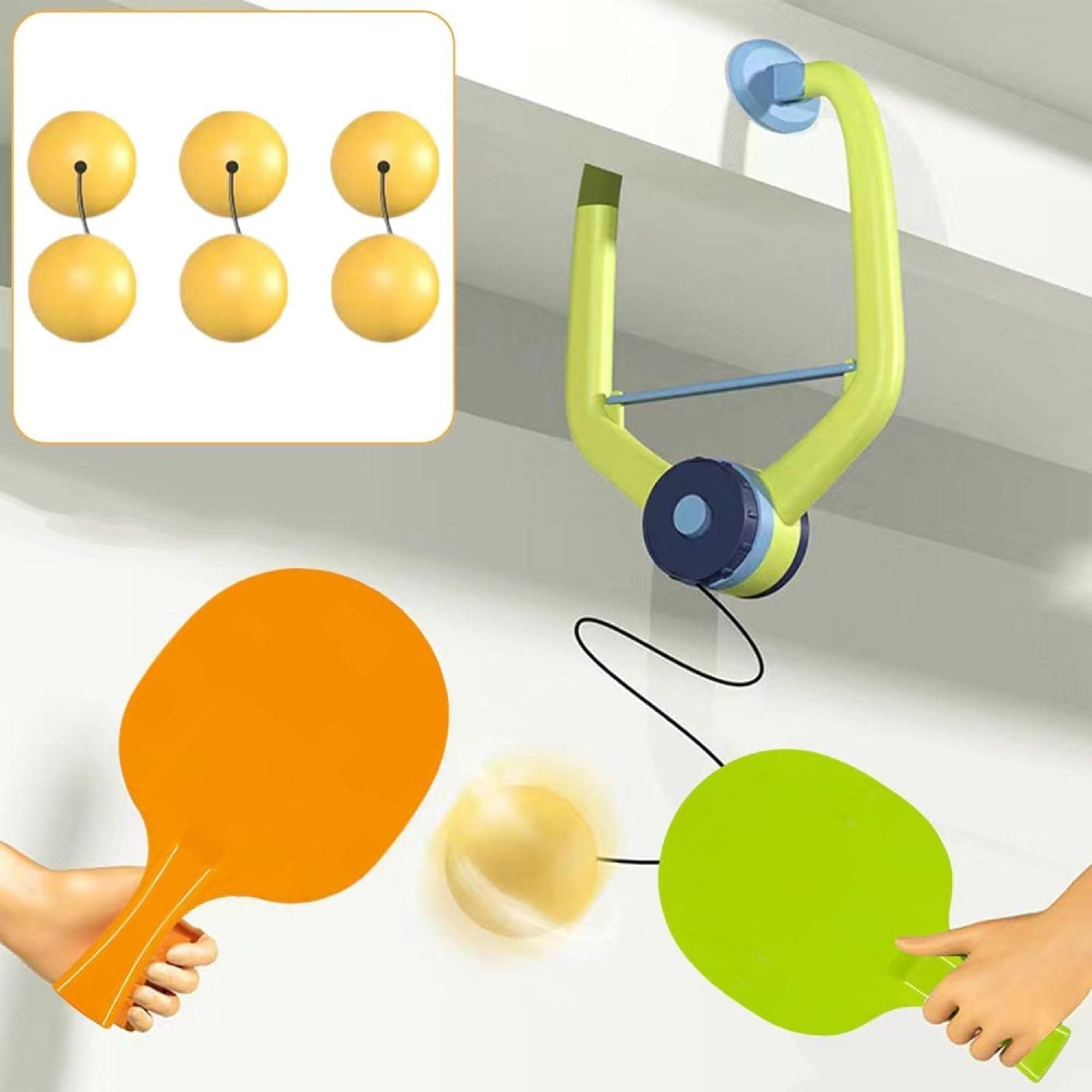 Door Frame Hanging Reaction Ball Game Set with Adjustable Rope, Plastic Frame and Paddle Bats 4