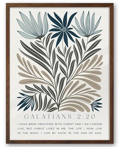 EcoHest Christian Bible Verse Floral Framed Wall Art, 12x16 in Walnut Color OAK Wood Boho Abstract Flowers Canvas Wall Art, Galatians 2:20 Home Decor, Beige Logs Christ 1pack for Bedroom Living Room