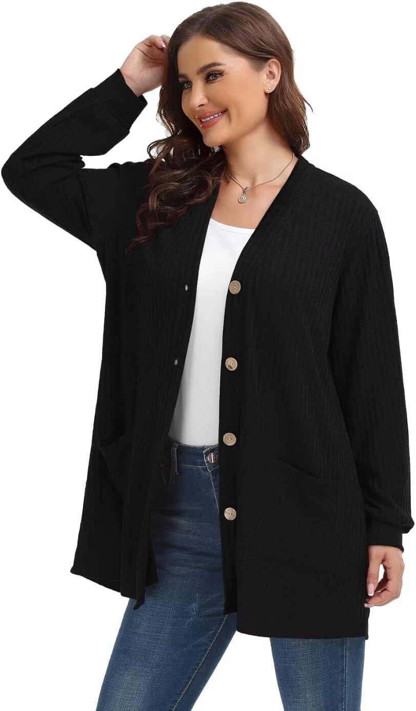 MONNURO Plus Size Cardigan Sweaters for Women Open Front Lightweight Long Sleeve Button Down Fall Coats with Pockets - Image 2