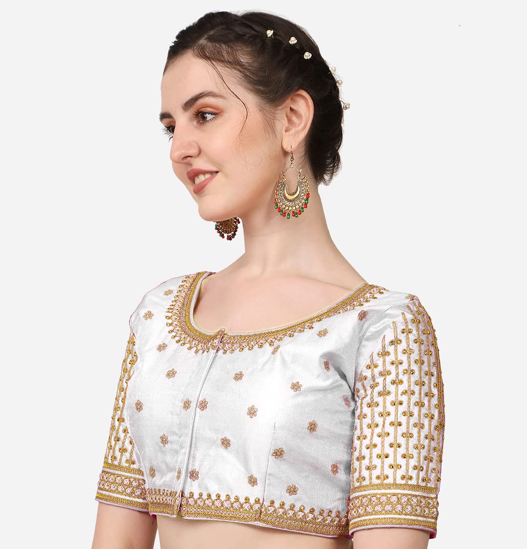 Pujia Mills Women's Cobra Silk Embroidery Coding Stone Work Half Sleeve Saree Blouse