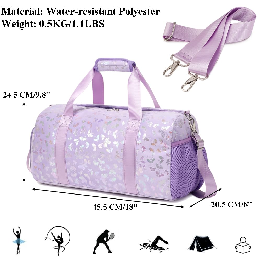 Plush Girls Travel Bag Kids Sports Bag for Girls Travel Duffles Girls Gymnastics Training Bag Girls Butterfly 25L Duffles Gym Bag - Image 3