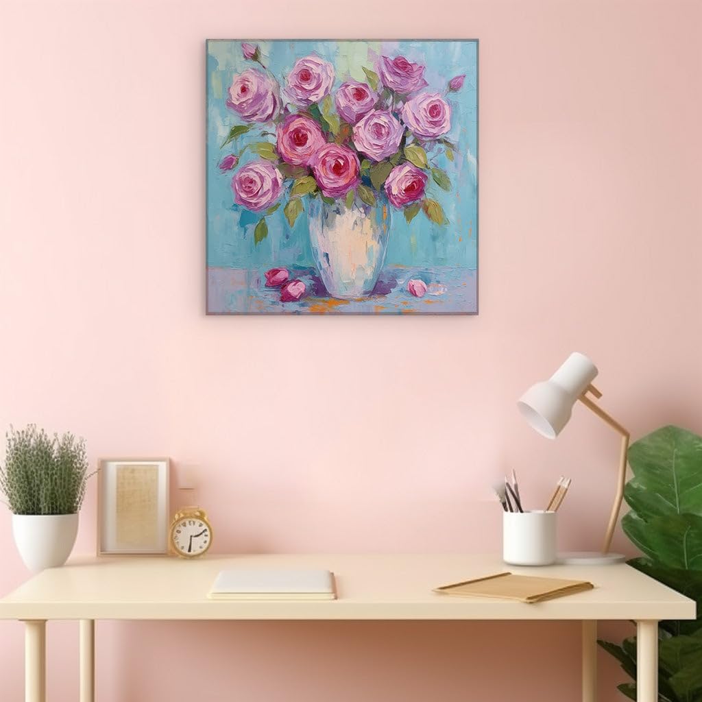 Art Wall: Delicate Pink Roses in a Simple Vase Against a Soft Blue Background. Interior Decor, Canvas Art Design, Art Apartment Decoration, Office Arts Design. Size: 69x46 cm (27x18 inch)