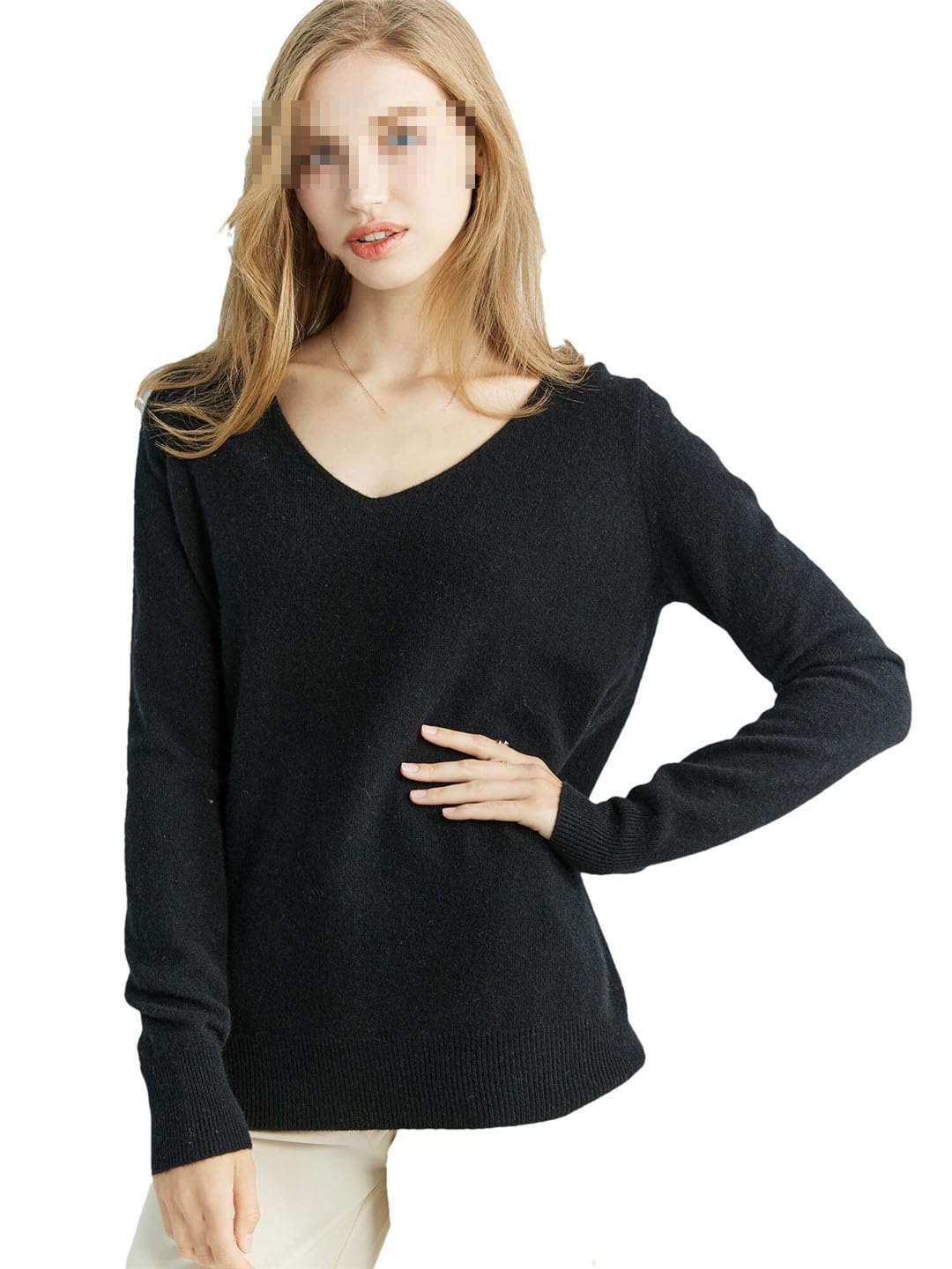 Vogrtcc Maglione da donna in cashmere lavorato a maglia con scollo a V a maniche lunghe