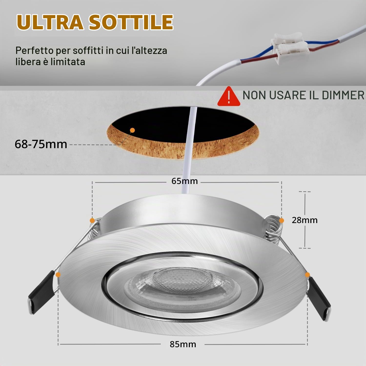 wowatt 7W Faretti LED da Incasso per Cartongesso Luce Caldo 2800K Set di 10 | Dimmerabili 3 Intensità 700LM Faretti da Incasso Orientabili, IP44 Impermeabile per Bagno Cucina, Diametro Foro 68mm - 75mm