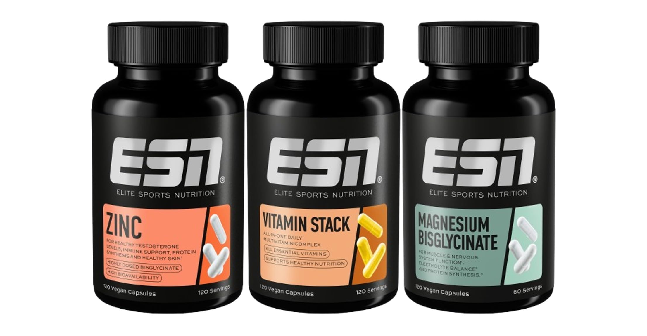 ESN Vitalstoffbundle - 3er Bundle aus Magnesium, Vitamin Stack und Zinc | 360 Kapseln, hochdosiert, für Sport & Alltag