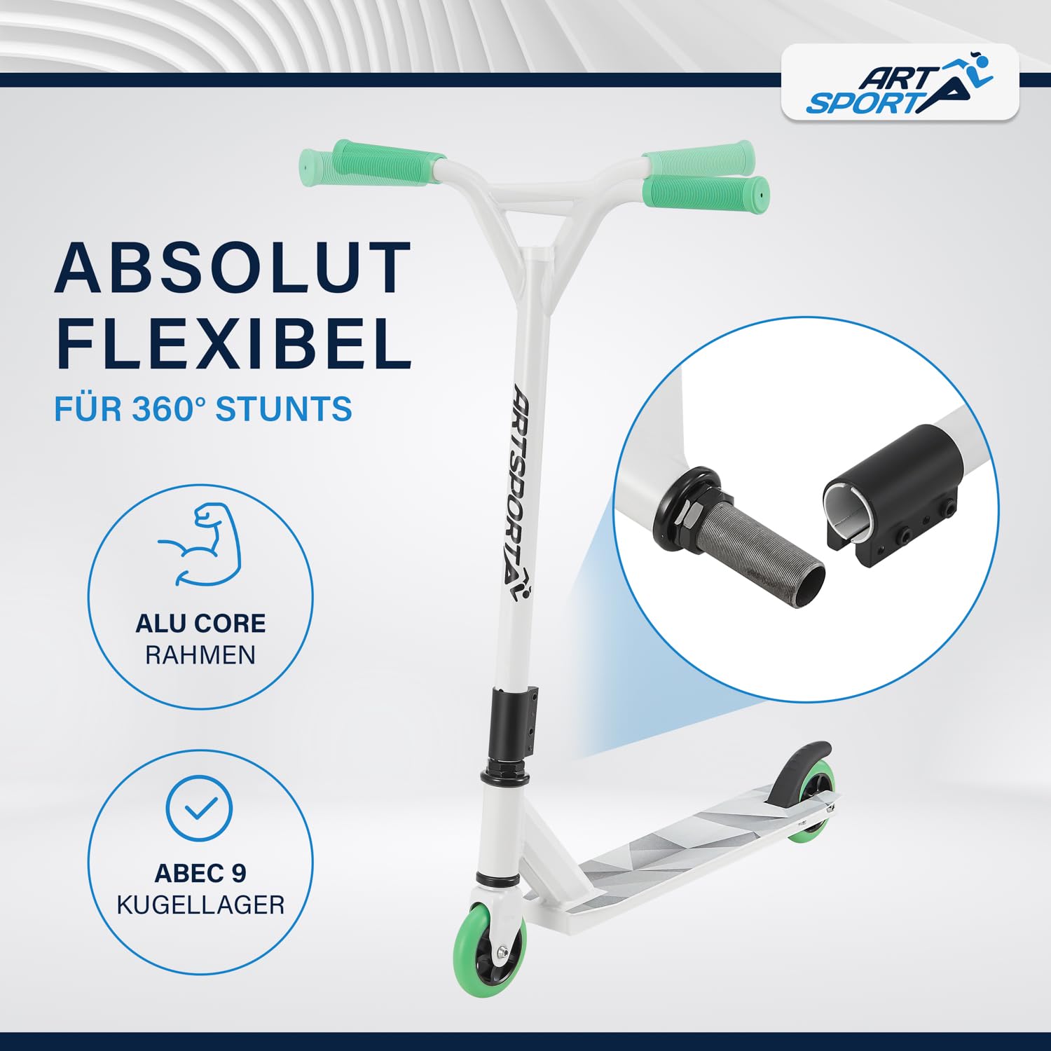 ArtSport Stunt Scooter mit 360° Lenkung, ABEC 9 Kugellager, 100 mm PU Räder & Griptape, Funscooter für Kinder, Stuntscooter Kickscooter Trick Roller