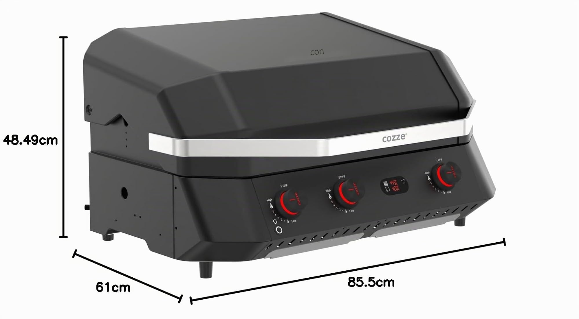 Cozze® G-800 COMBO - Barbacoa de gas de 3 quemadores con placa de parrilla – 50 mbar – Parrilla exterior con 9,5 kW de potencia y termómetro digital – Incluye regulador de presión y rejilla de