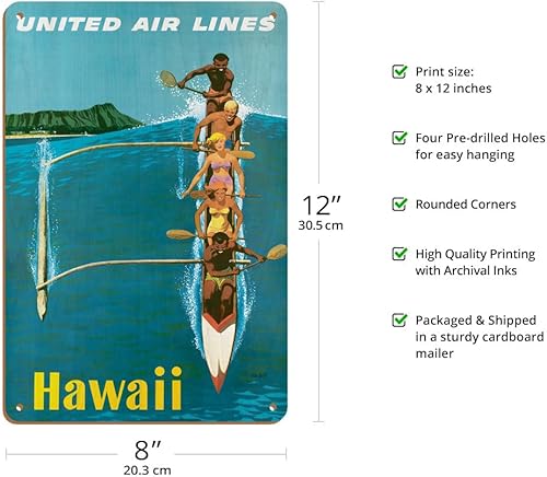 Miniatura 2 de Hawái - United Air Lines - Cartel de viaje vintage de aerolínea por Stan Galli c.1960 - Cartel artístico vintage de madera de 8 x 12 pulgadas