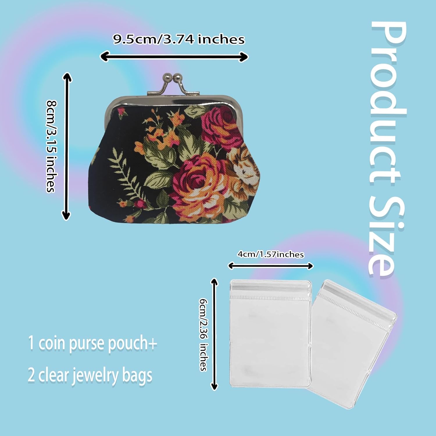 Coin Purse for Women, Mini Purse Change Purse Coin Pouch with 2 Clear Jewelry Bags, Kiss Clasp Lock Floral Coin Purses Small Pouches for Cash and Jewelry (BlackA)