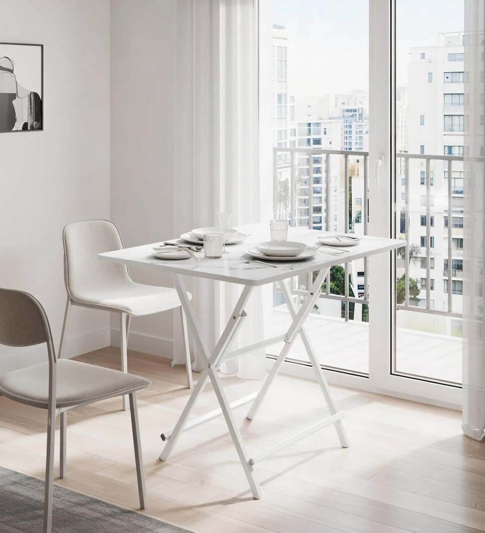 Faburaa Compact Foldable 2 Seater Dining Table | Strong CRC Steel Frame | Easy Fold & Store Design | 30x18 Inch | White 3