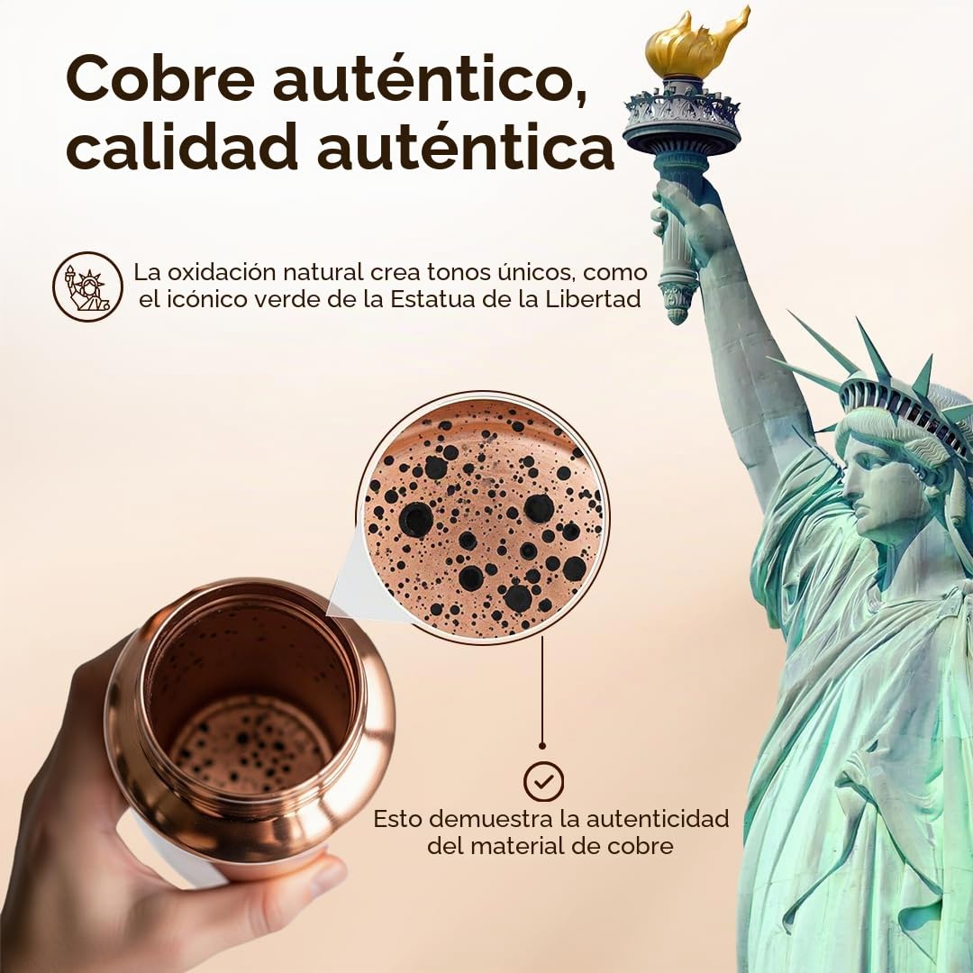 Botella de Agua de Cobre Puro Martillado a Mano 950 ml – Botella Ayurvédica Antifugas Sin BPA para Yoga, Viajes y Oficina con Bolsa de Lona, Bolsillo, Porta Tarjetas y Cepillo