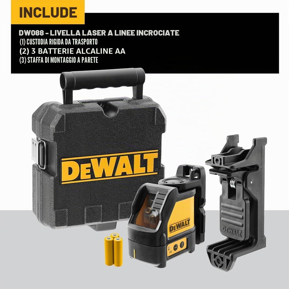 DEWALT DW088CG-XJ, Tracciatore laser con raggio verde, classe 2. 2 linee a croce orizzontale e verticale. Precisione +/- 3mm a 10 metri. Raggio di utilizzo 30 metri. 3 x alcaline tipo AA