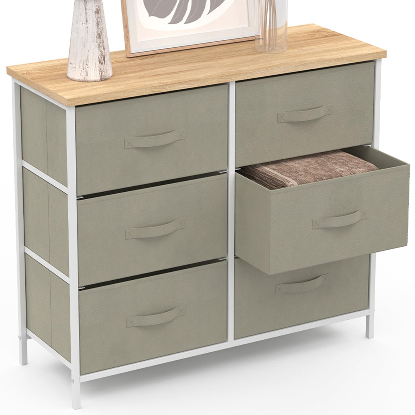 IDMarket - Commode 6 tiroirs en Tissu Alta 80 cm Gris Clair et Plateau Effet Bois Design Industriel