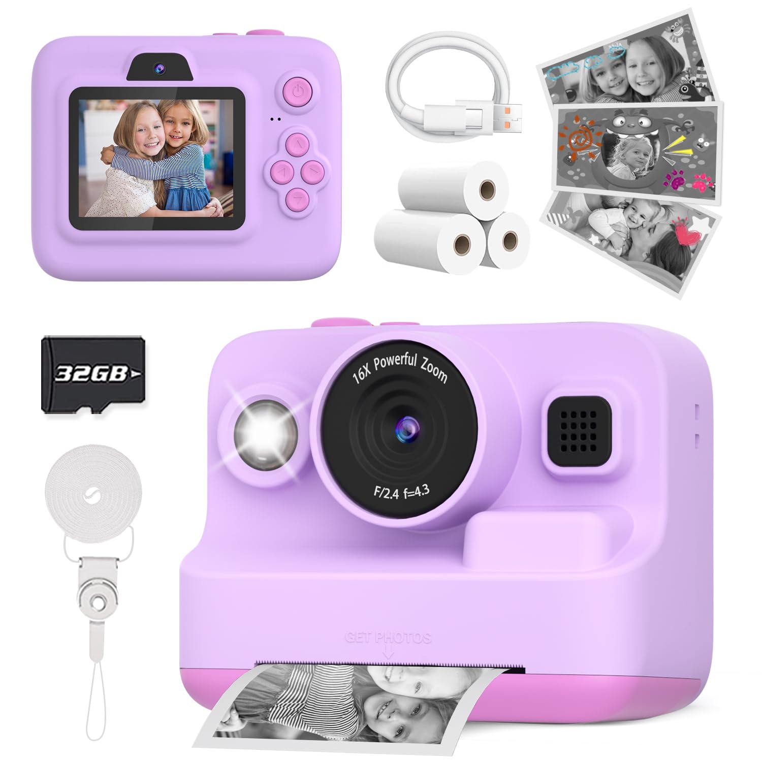 Kids Camera Instant Print, Dual-Lens Front Rear Selfie Camera for Kids, Christmas Birthday Gifts Toys for 3-12 Year Old Boys Girls, 2.4in Screen 1080P Kids Digital Cameras with 32G Card