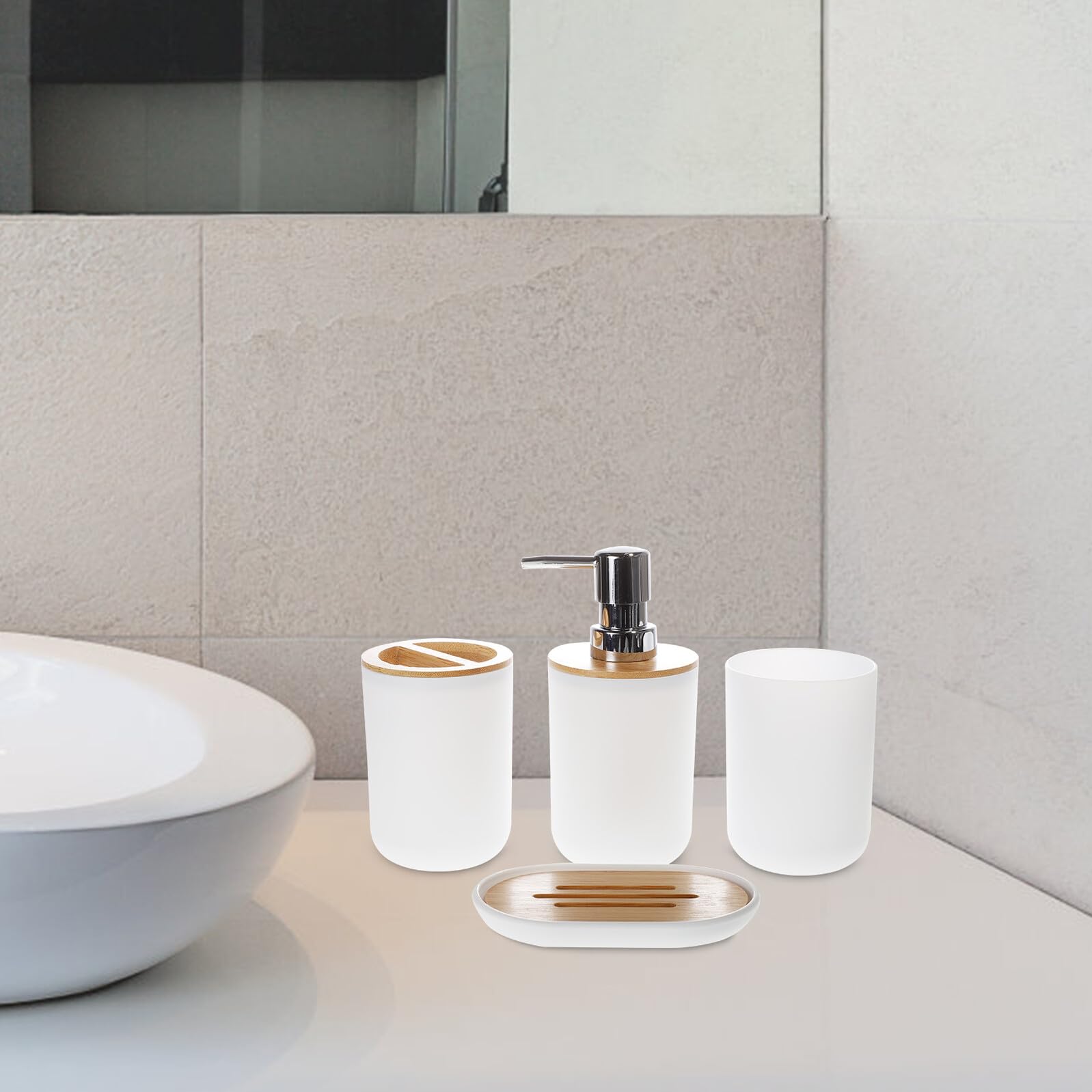 Anneome Conjunto de Accesorios de Baño y Blanco Dispensador de Jabón, Vaso para Cepillo de Dientes Bandeja de Jabón en Bambú para Mantener Baño Ordenado