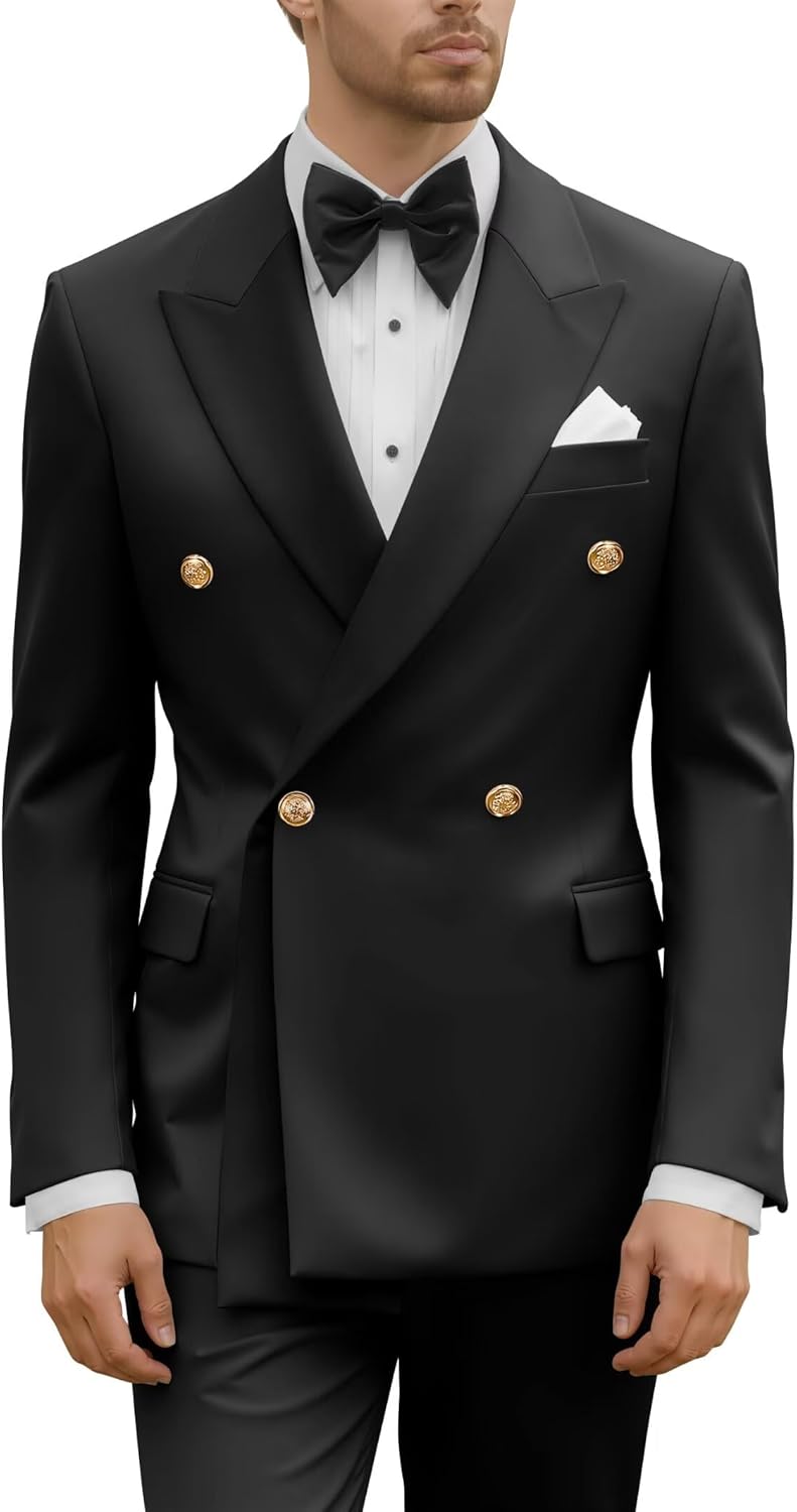 Wangyue Mens 2 Piece Suit Slim Fit Double Breasted Suit Wedding Prom Tuxedo Blazer Pants Suits Set for Formal Business