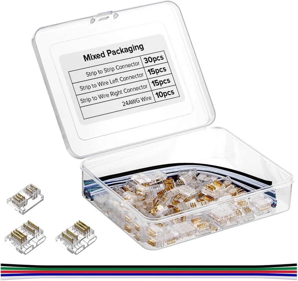BTF-LIGHTING FCOB Lückenloses Lötfreies Verbinder-Set für 12mm breite 5PIN RGBW (+ R G B W) COB LED-Streifen, 60-teilig inkl. Streifen-zu-Draht & Lückenlose Verbinder & 15cm 24AWG Verlängerungskabel