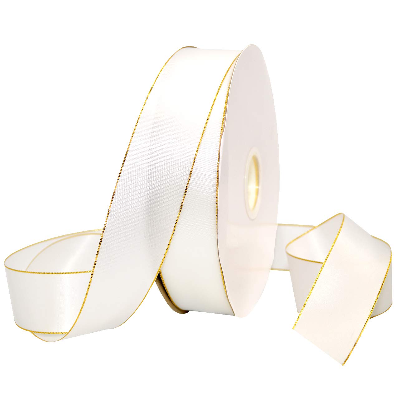 Morex Ribbon Ruban de satin avec bords dorés - 3,8 cm x 91 m - Blanc
