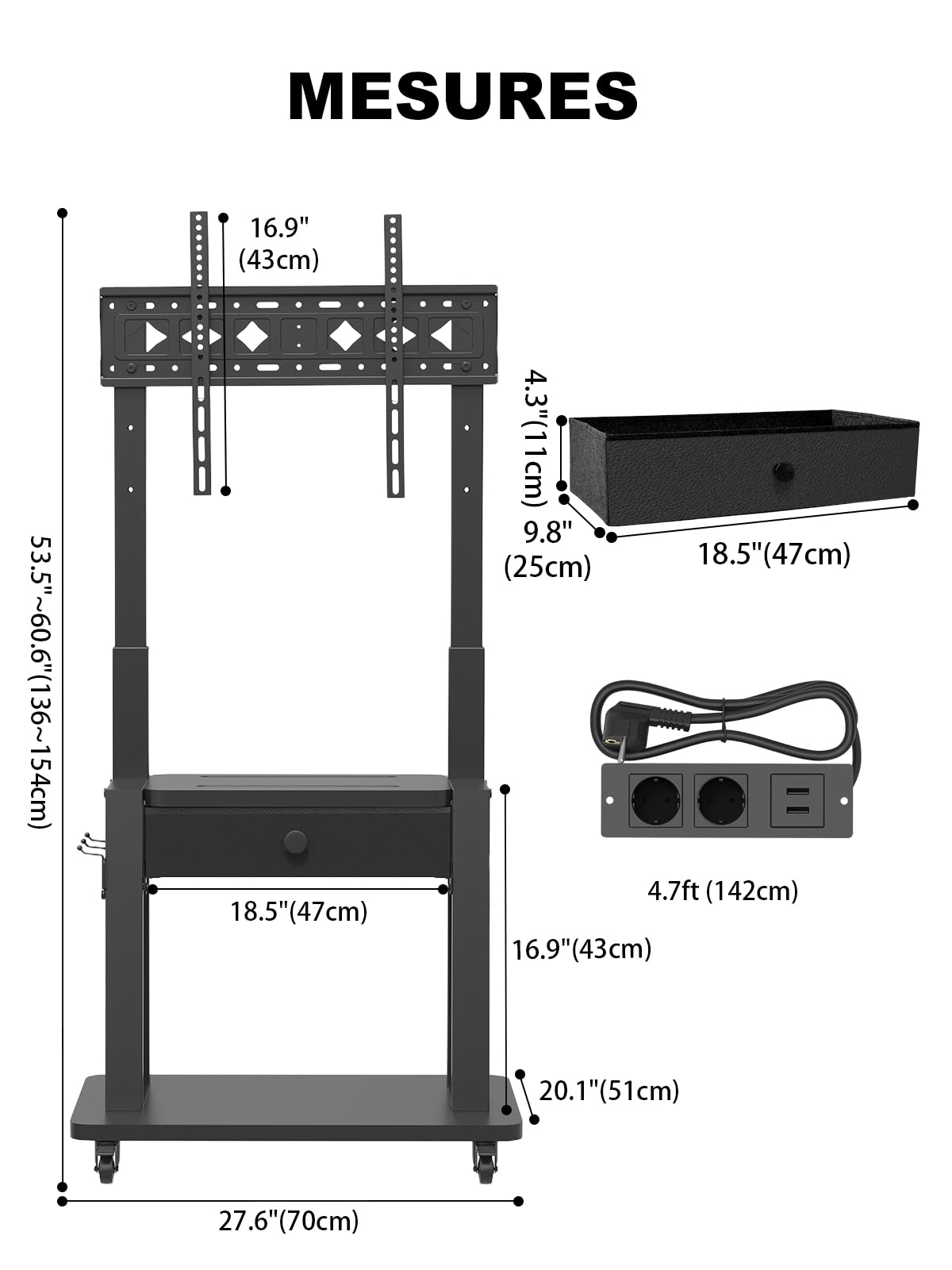 Support TV avec Prise électrique et tiroir en Tissu pour TV Plats/incurvés de 32-75" (Jusqu 100kg) LCD/LED/OLED. Chariot TV Mobile à Hauteur réglable pour Maison ou Bureau. VESA Max 600 x 400mm Noir
