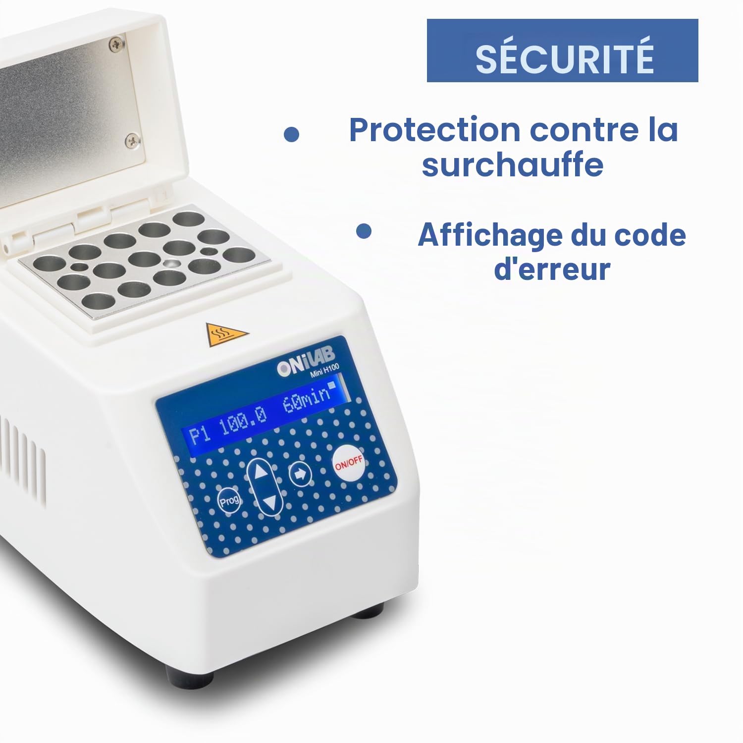 ONiLAB Mini incubateur de bain sec, 15 x 1,5 ml, bloc chauffant en aluminium, écran LCD, contrôle de la minuterie, jusqu'à 100 C, précision 0,5 C, 9 programmes en mémoire, fonction d'étalonnage rapide
