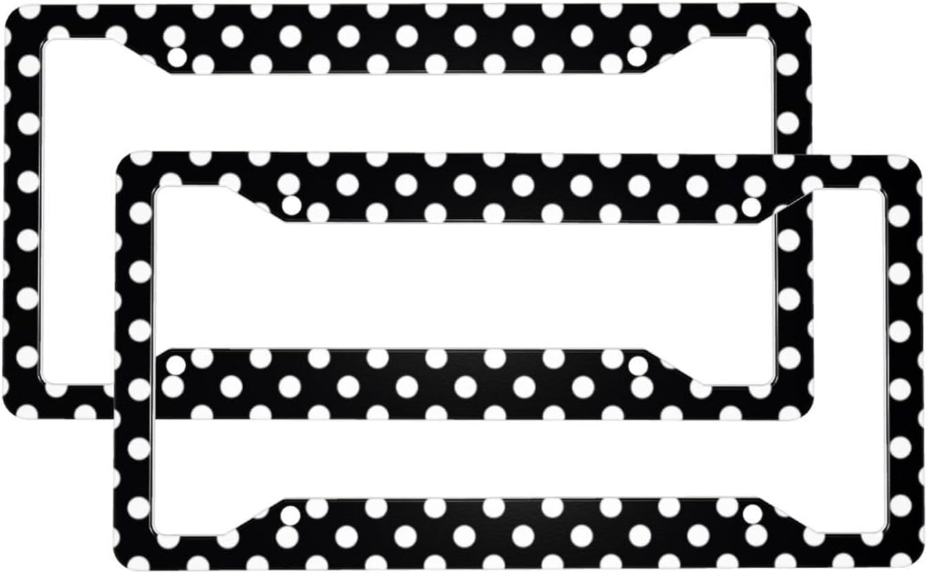 2 Pcs Car License Plate Frames for Women Men – Vintage White Polka Dot Black Print Aluminum Solid License Plate Cover for Car Accessories for Women