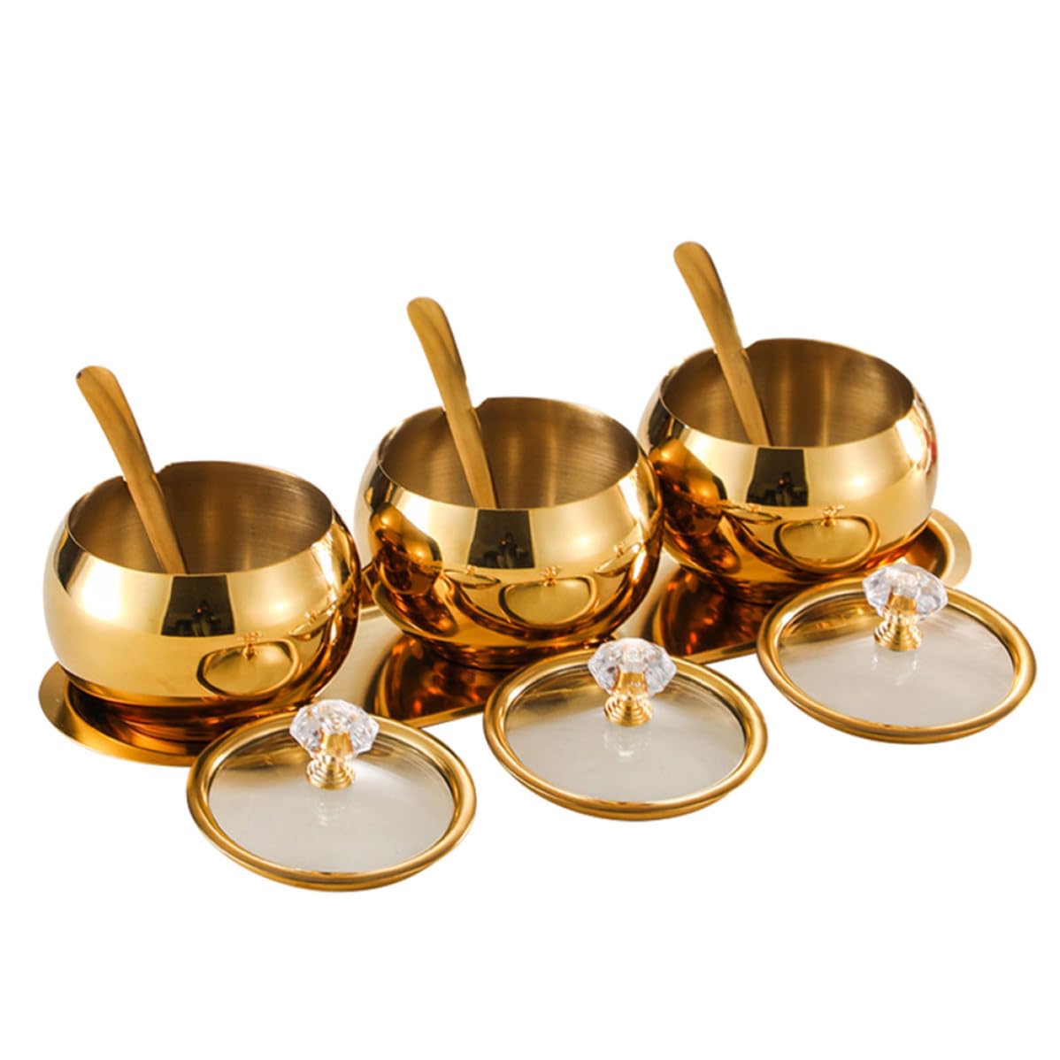 Gewürzbehälter Inklusive Tablett Satz mit Deckel und Löffel Edelstahl Moderner Stil Luxuriöse Goldene Oberfläche für Salz Zucker und Gewürze in Küche