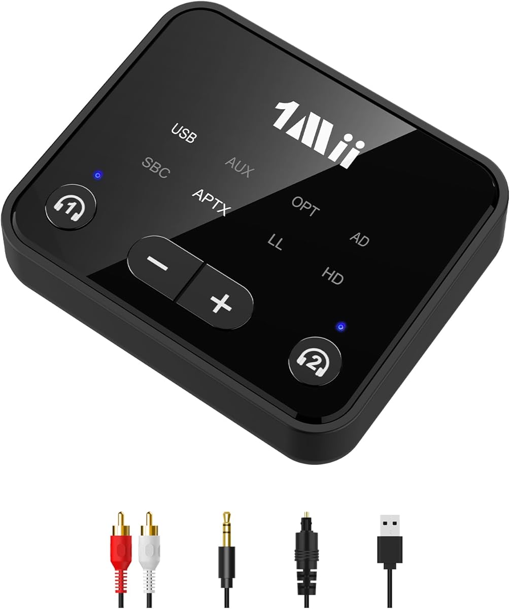 1Mii Bluetooth 5.3 Transmitter for TV to 2 Wireless Headphones, Long Range 100ft Bluetooth Adapter for TV aptX Adaptive & HD/Volume Control, Optical/USB/AUX/RCA Audio Inputs
