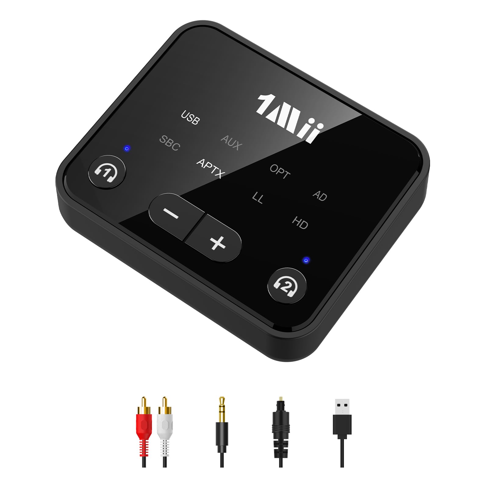 1Mii B06T6 Bluetooth 5.3 Transmitter für TV, aptX Low Latency/HD/Adaptive Audio Sender mit Dual Link für 2 Kopfhörer, Optisch/AUX/RCA/USB Audio Adapter, bis zu 30 m Reichweite