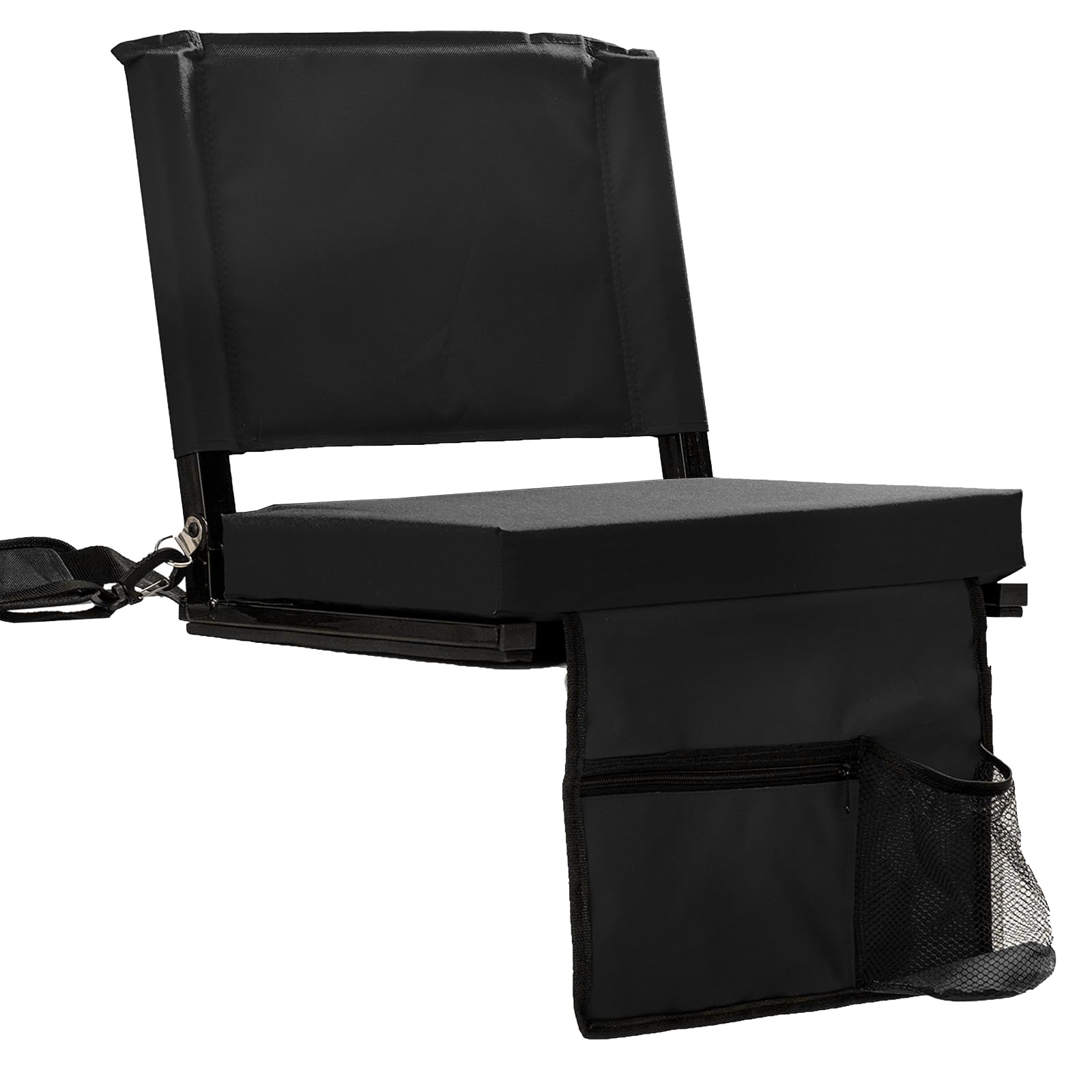Photo 1 of FZGhome Bleacher Seat, Folding Stadium Seats with Back Support for Bleachers Bleacher Chair with Back and Cushion, Padded Stadium Chair with Shoulder Strap, 3 Large Mesh Pocket & Carry Handle, Black