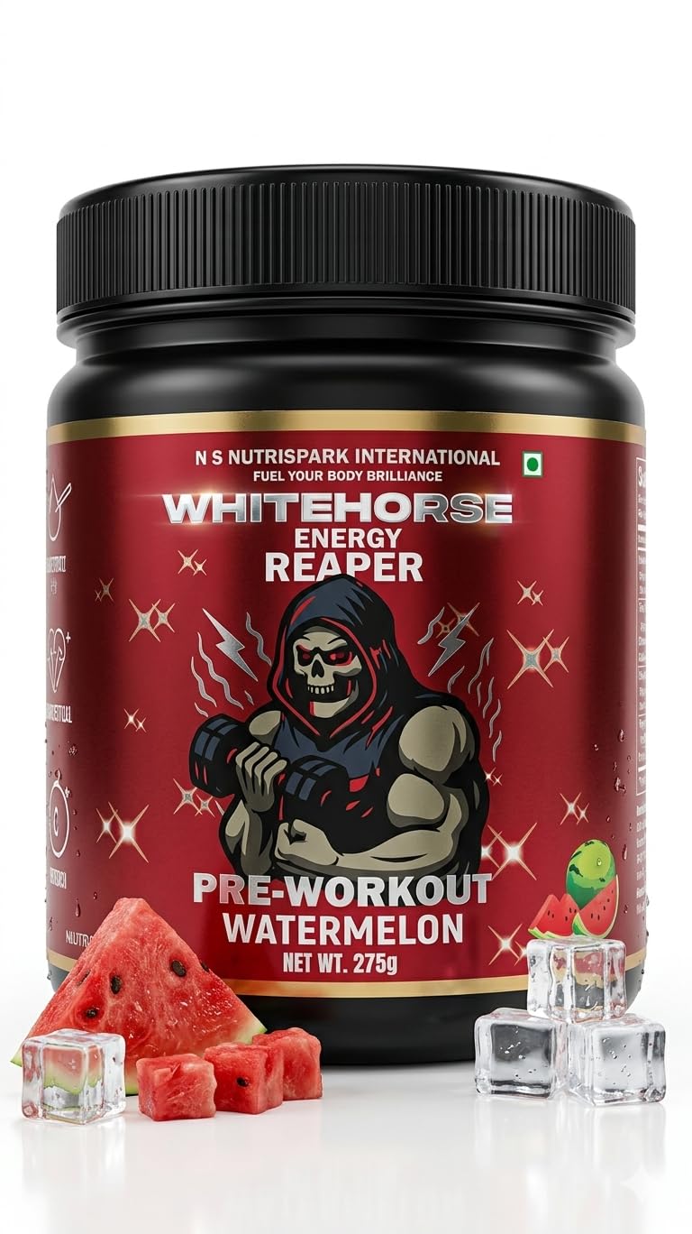 NutriSpark White Horse- Pre work out Workout Supplement with Creatine HCl, Beta-Alanine, Glutamine - Energy and Muscle Management, Unisex-Watermelon 275gm
