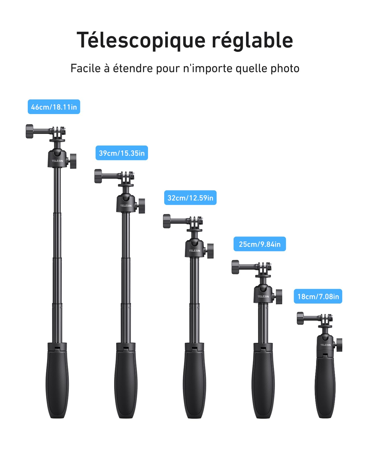 TELESIN 46CM Mini Perche Selfie Trépied pour DJI Osmo Nano Action 6/5 Pro/4, GoPro Hero 13/12, Insta360 X5 X4 Ace Pro – Monopode Réglable 360°, Poignée Extensible Vlog, Base Magnétique Stable