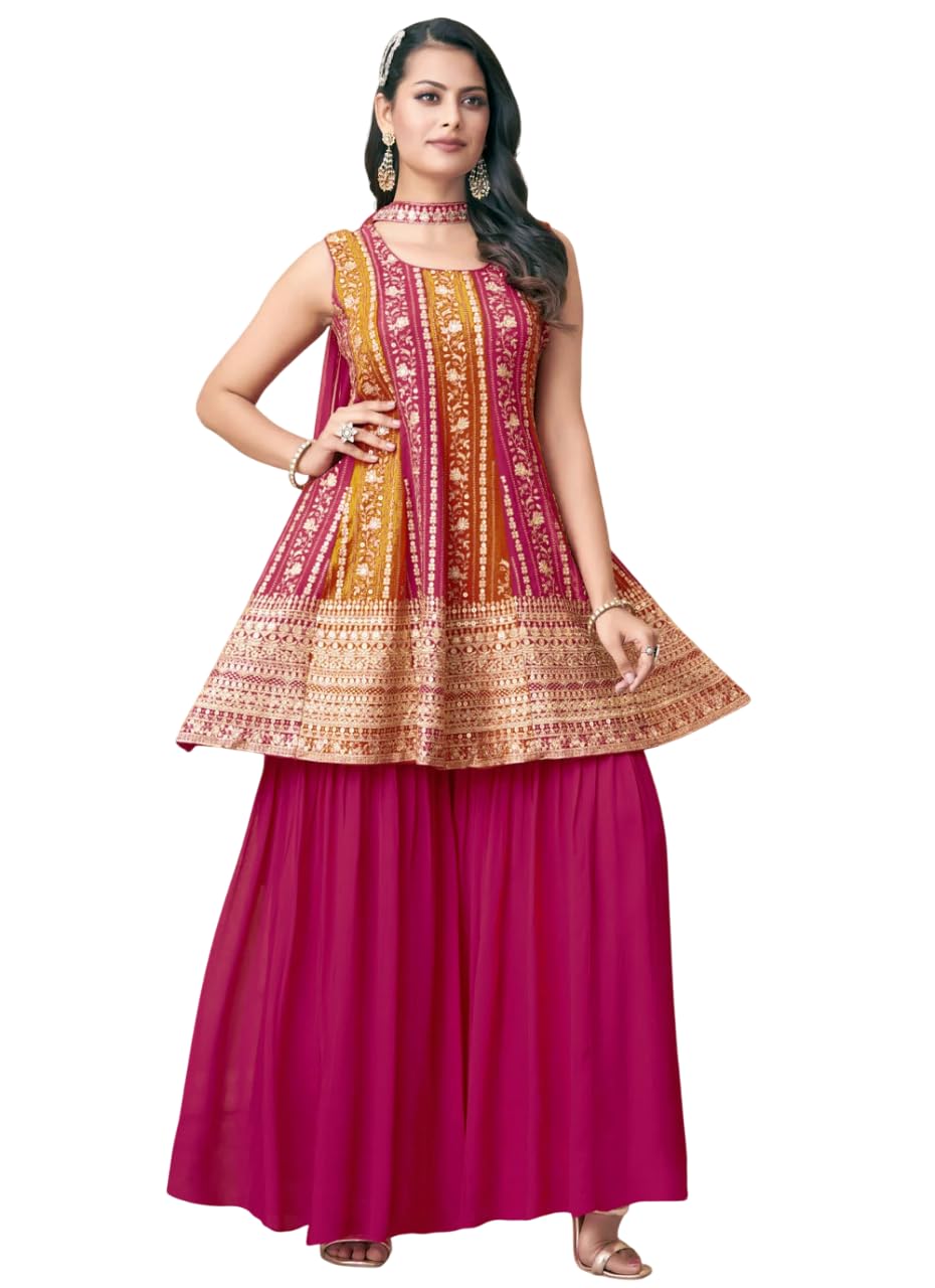 Xomantic Fashion Heavy Red Designer Gharara Suit For Wedding, Reception, Party And Festivals Salwar Kameez Dupatta Set (In, Alpha, Xs, Regular, Pink)