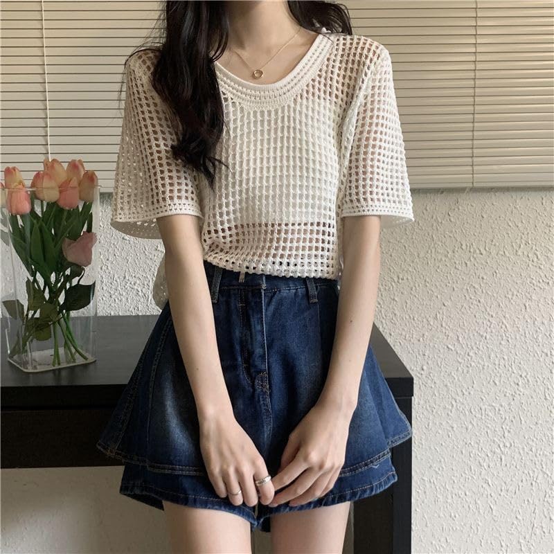 Image of Mettclasi Women's Short Sleeve Crochet Hollow Out Top, Casual Sexy Knit Pullover Top Beach Coverup - One Size Small /Medium White