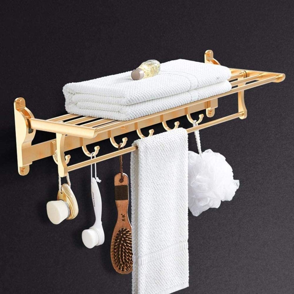 NEECS Tendedero Muebles de baño Divisor de baño Toallero Dorado Estante de baño Plegable de 90 ° Espacio Estante de Pared de Aluminio con diseño de Gancho Anillo de Mano (Color: Dorado,