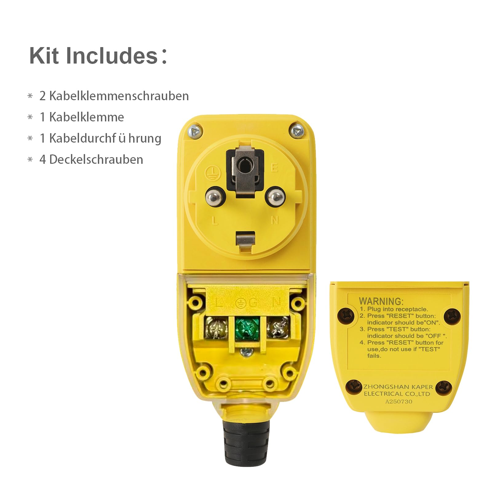 Kaper PRCD - Spina di protezione personale, 16 A, 230 V, IP54, interruttore di sicurezza portatile FI con corrente di attivazione da 30 mA. Impermeabile per cantieri, giardini, campeggio e officina