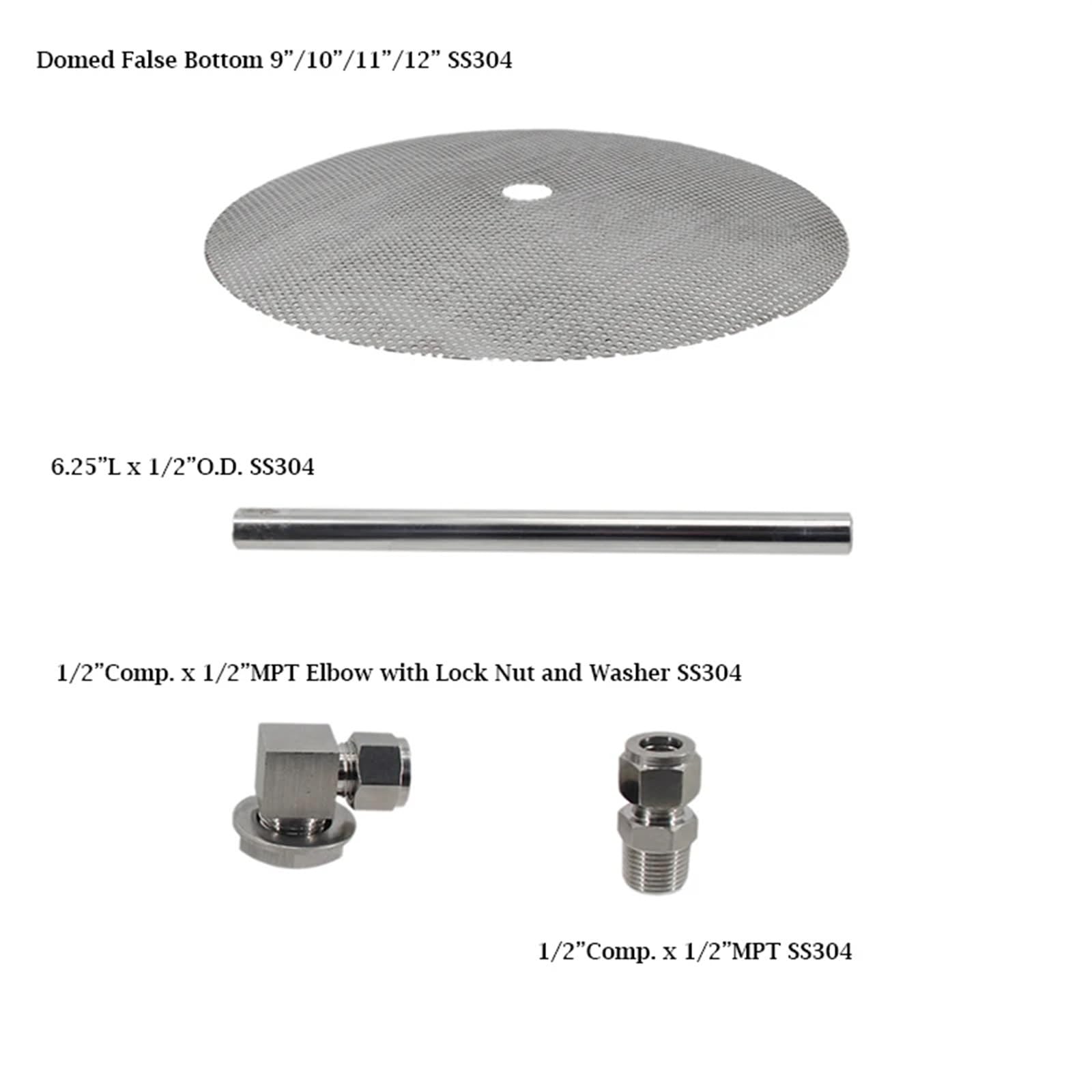 Maison et Brassage Kit d'adaptateur de Tube SS304 à Faux Fond et 1/2" OD for cuve de Brassage Tout Grain en Acier Inoxydable 9"/10"/11"/12" de qualité Alimentaire bombée Haute température Accessoires