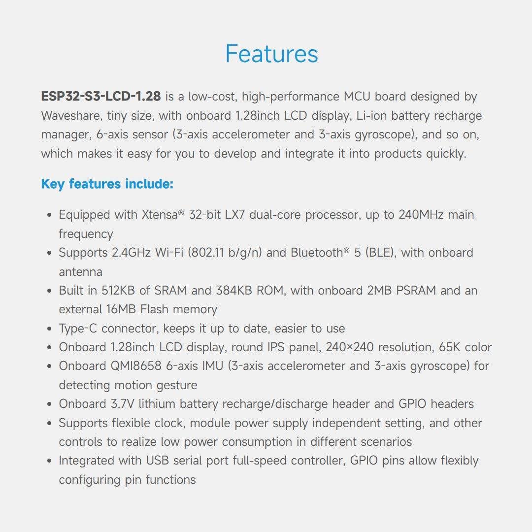 Waveshare ESP32-S3 Development Board, 32-Bit LX7 Dual-Core Processor, Integrates GC9A01 Display Driver Chip, With 1.28inch IPS Round LCD, 240×240 Resolution, Supports WiFi