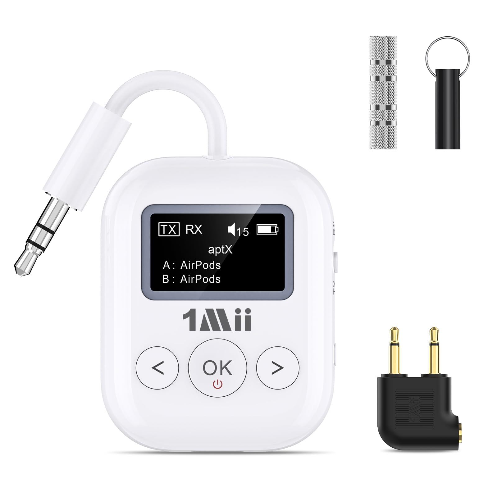 1Mii SafeFly Min+ Bluetooth Transmitter and Receiver,Bluetooth Adapter for Airplane, Supports to 2 AirPods/Headphones,Use with Any 3.5mm Jack on