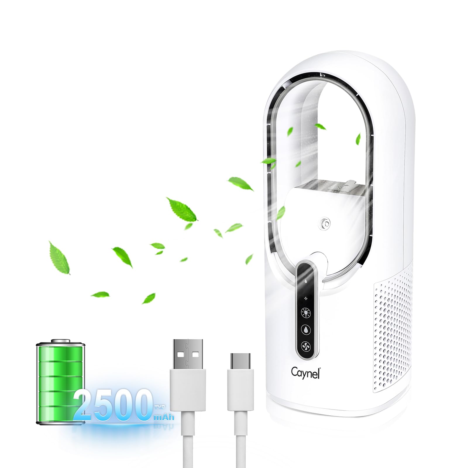 CAYNEL Desktop Fan, 11.8 Inch Portable Bladeless Desktop Personal Fan with 7 Colors Ambient Light, 3 Fan Speeds, Humidifier Electric Fan for Home,