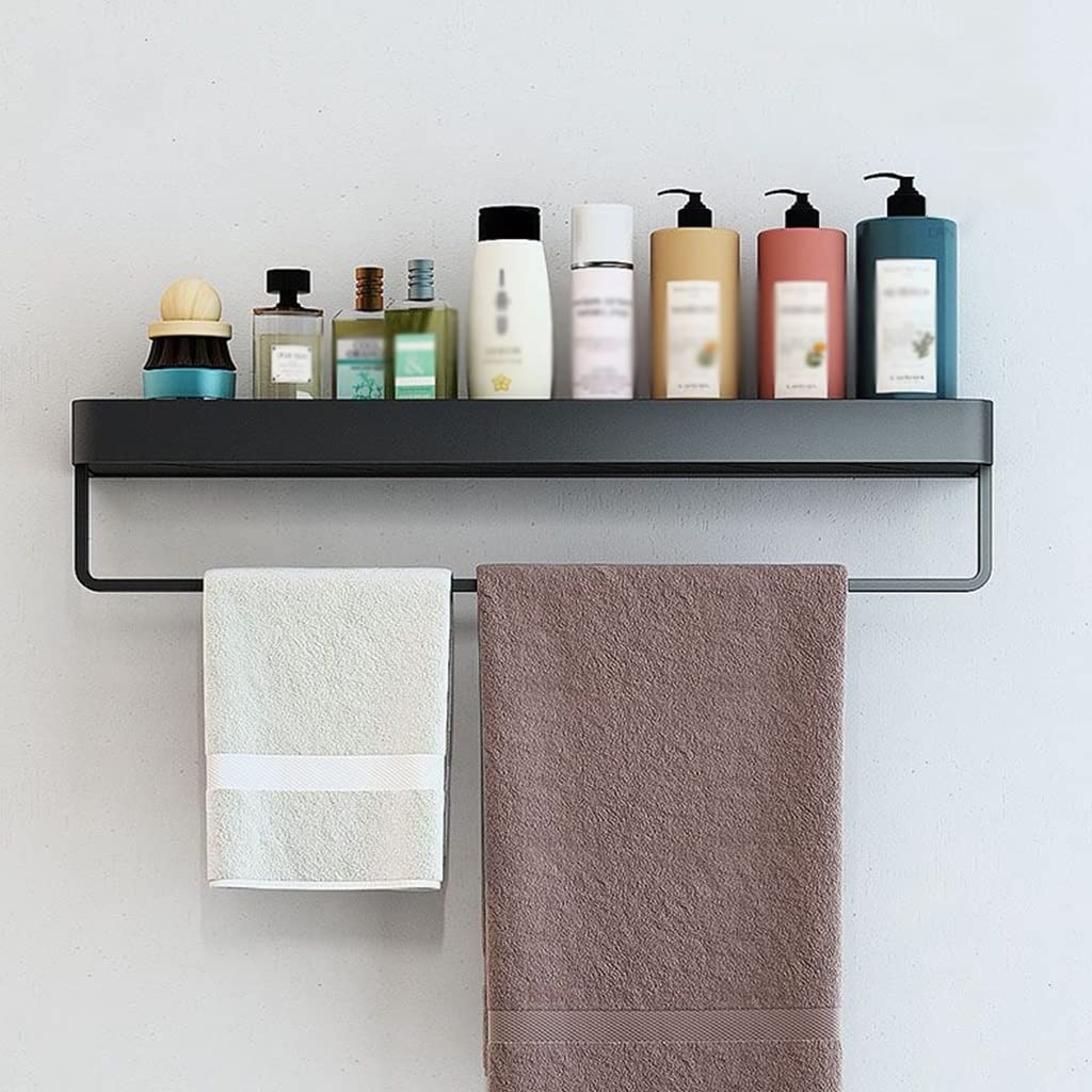 Estantes de baño exquisitos Estante de baño de pared, Estante de esquina de baño de aluminio negro, Organizador de ducha montado en la pared sin perforaciones con toallero (Color : 40cm with rod)