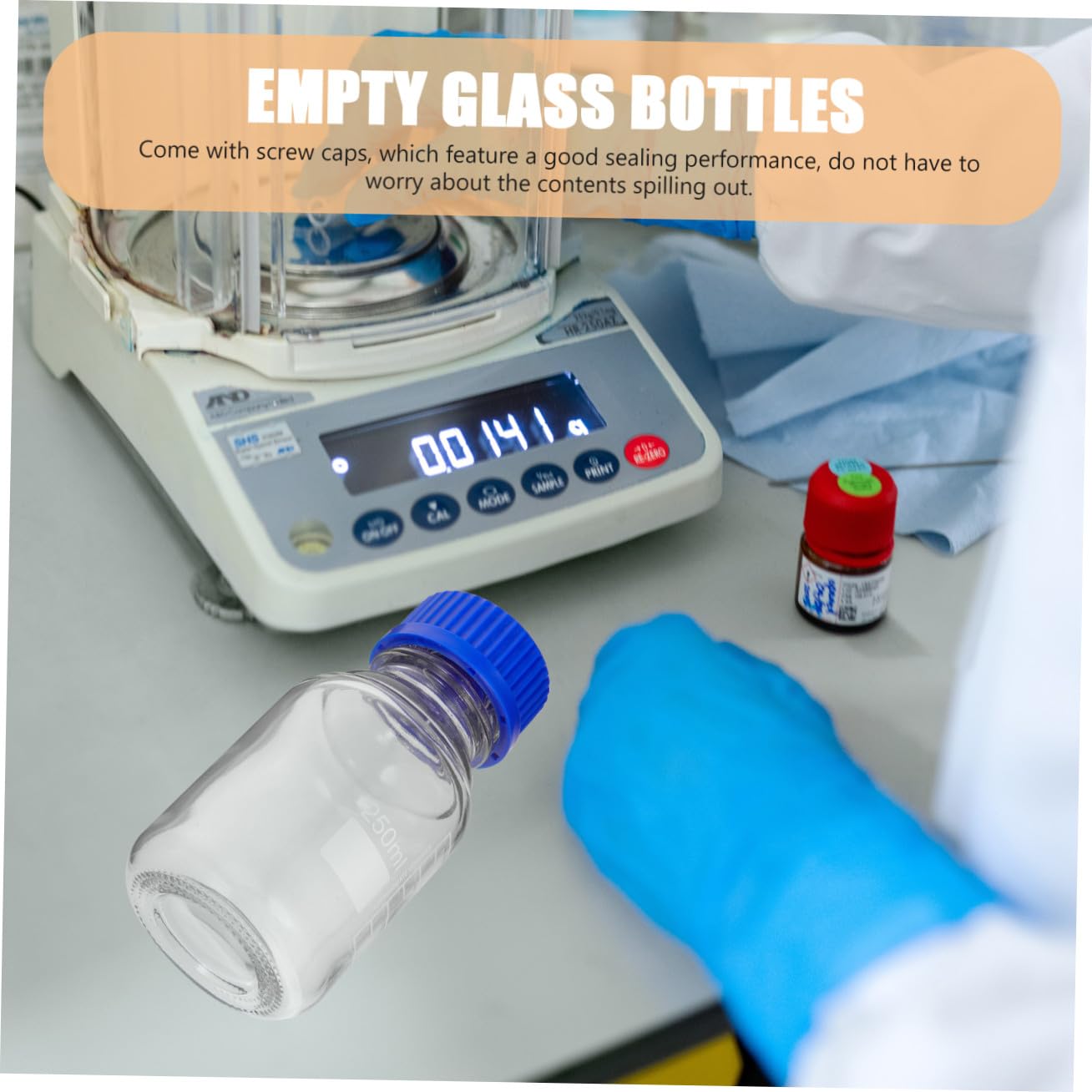 Set di 4 Bottiglie Reagenti in Vetro da 250ml con Tappo a Vite Blu, Resistenti e Riutilizzabili per Laboratori Chimici e Istituti Scientifici