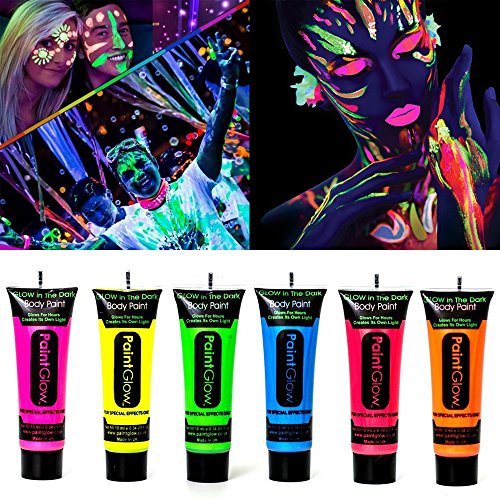 UV Glow Blacklight Face and Body Paint (6 Tubes 0.85 oz. Each) - Neon Fluorescent Safe, Washable, Non-Toxic By Beross