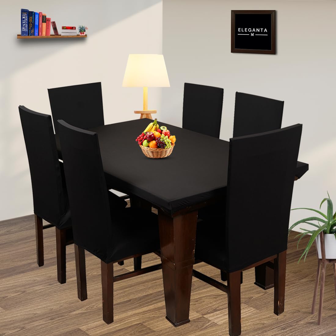 ELEGANTA Printed Table Cover With Chair Covers Set - Stretchable Polyester Spandex Seat Case Protector - 1 Table + 4 Chair Covers (Solid Black)-picture-13