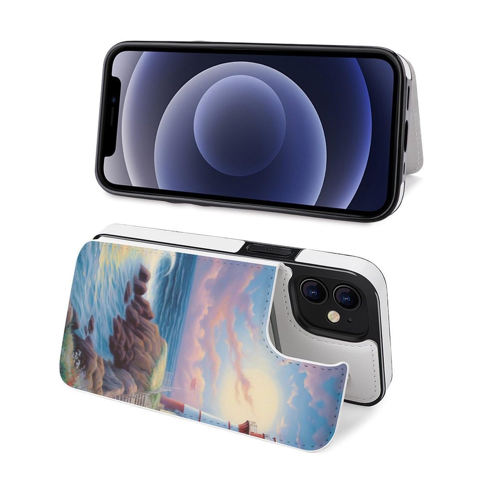 Funda tipo cartera para iPhone 12, diseño de faro con estampado de diamantes, funda de piel con ranuras para tarjetas