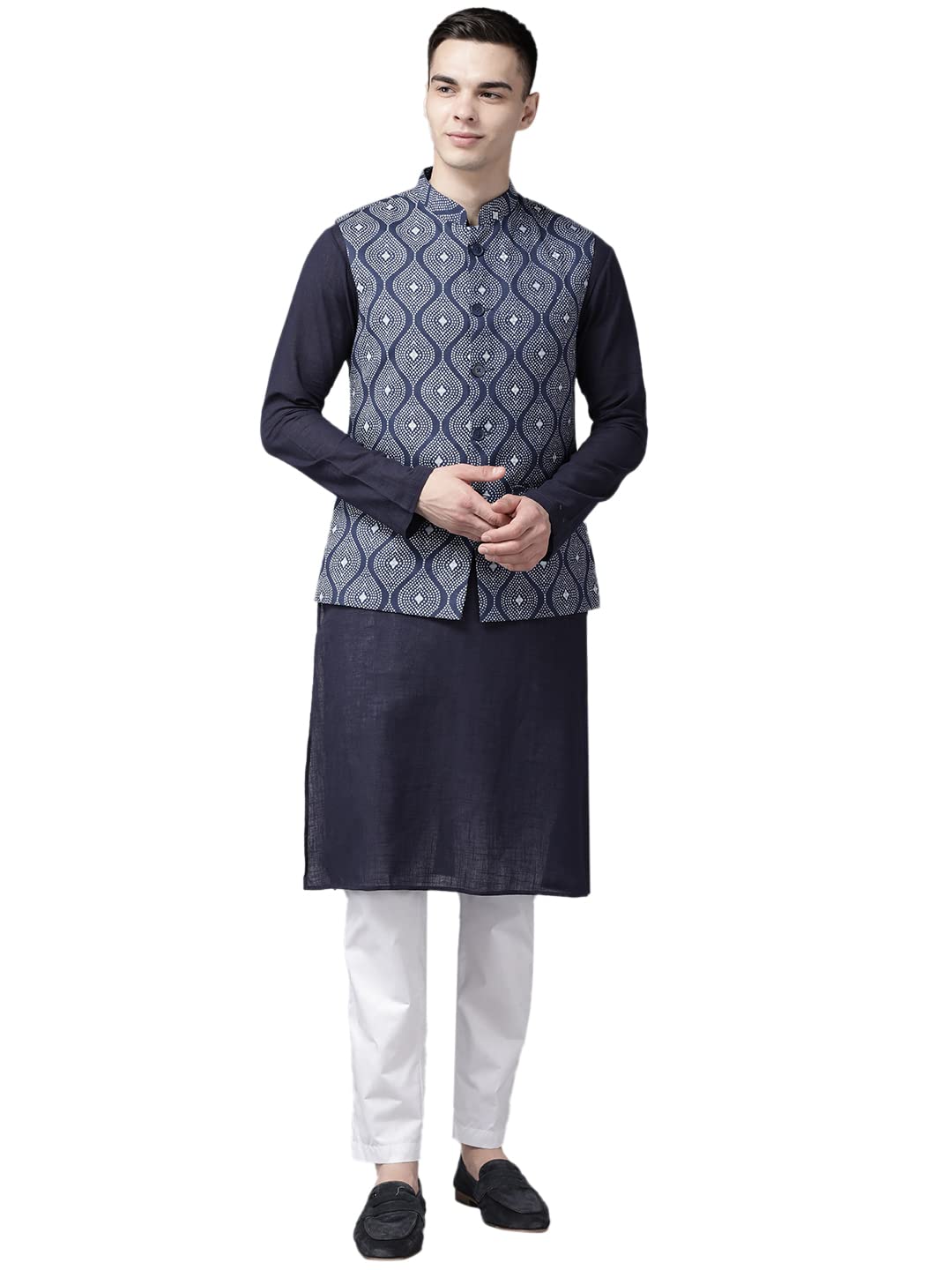 See Designs Men Blue & Beige Printed Pure Cotton Kurta Pyjama With Nehru Jacket - Sd2Nj_23001Xl