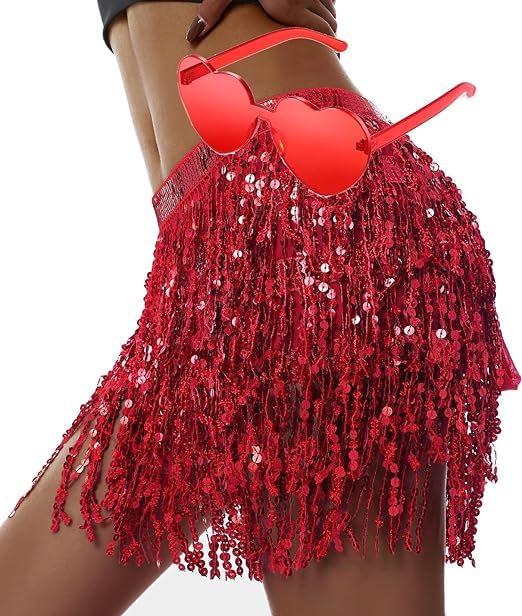 YIZHIXIANGQ Faldas con Flecos de Lentejuelas, Falda De Lentejuelas para Mujer, Falda De Cadera para Danza del Vientre con Gafas Corazon, Lentejuelas de la Borla Bufanda de la Cadera